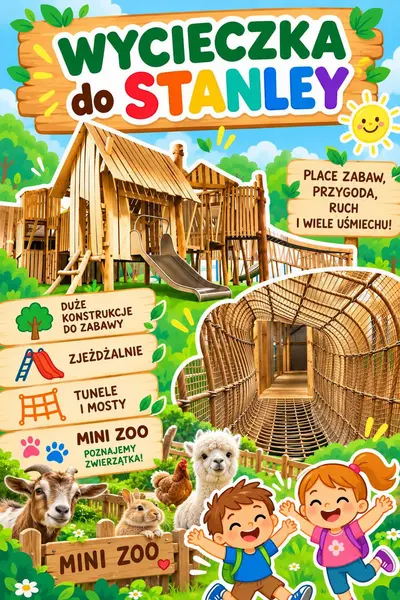 Plakat wycieczki do Stanley: drewniane place zabaw, zjeżdżalnie, tunele i mini zoo