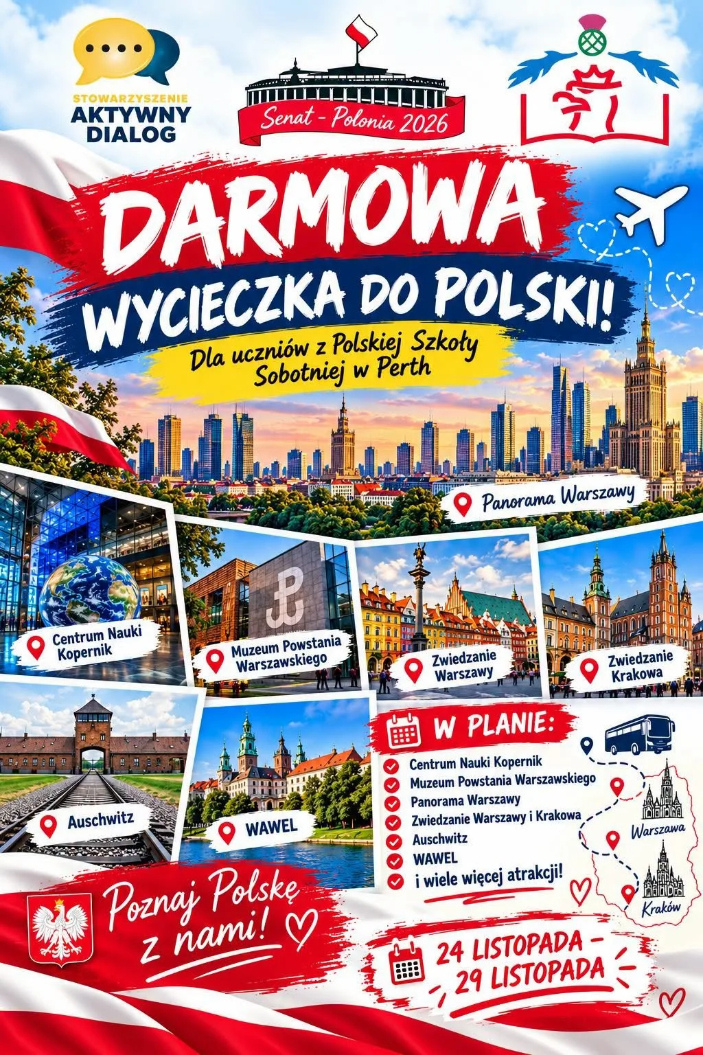 Plakat: darmowa wycieczka do Polski 24–29 listopada – Warszawa i Kraków