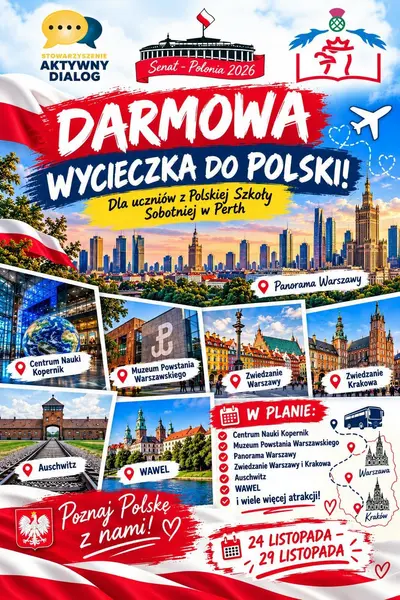 Plakat: darmowa wycieczka do Polski 24–29 listopada – Warszawa i Kraków